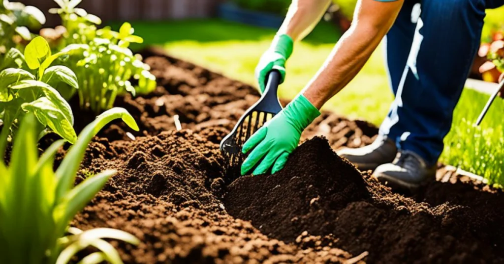 The image shows a person actively planting a garden for beginner gardeners, focusing on careful soil preparation in an outdoor garden bed. Wearing green gardening gloves, the person uses a small hand rake to loosen and shape rich, dark soil, creating ideal conditions for planting. Young green plants are already growing along the edge of the bed, indicating a healthy and well-maintained garden space. The scene highlights an essential step in planting a garden for beginner gardeners: preparing fertile, well-aerated soil to support strong root development and long-term plant growth.